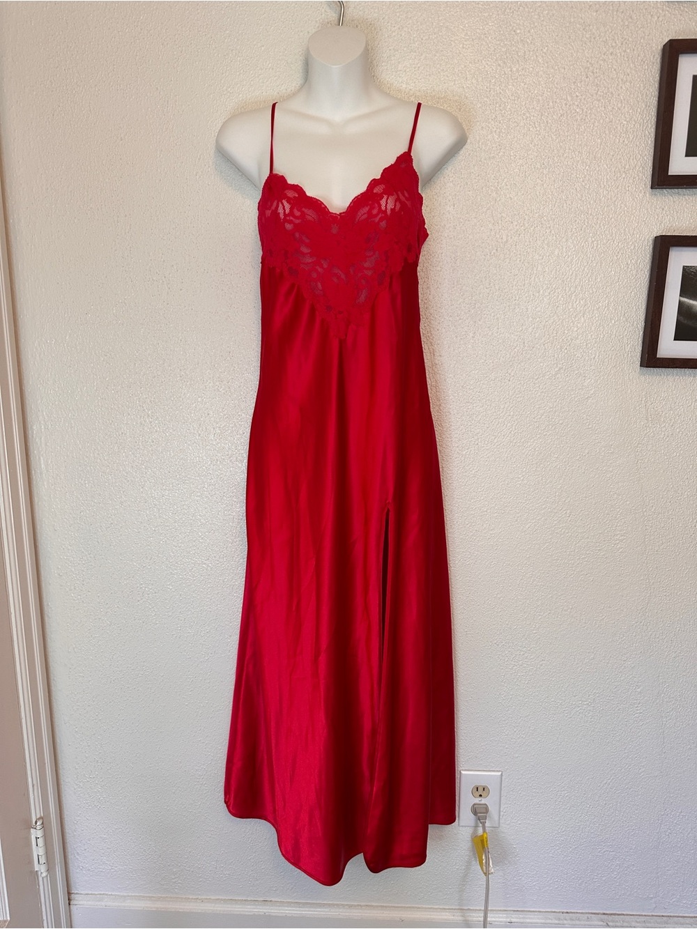Victoria's Secret Red Lace Trim Satin Slip XS